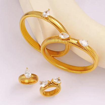 Wholesale Jewelry Casual Vacation Simple Style Circle Water Droplets 304 Stainless Steel Zircon Inlay Rings Bracelets