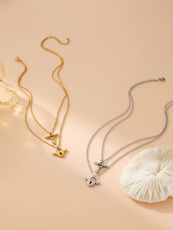 Wholesale Jewelry Casual Vintage Style Artistic Wings Key Lock 304 Stainless Steel 18K Gold Plated Hollow Out Double Layer Necklaces