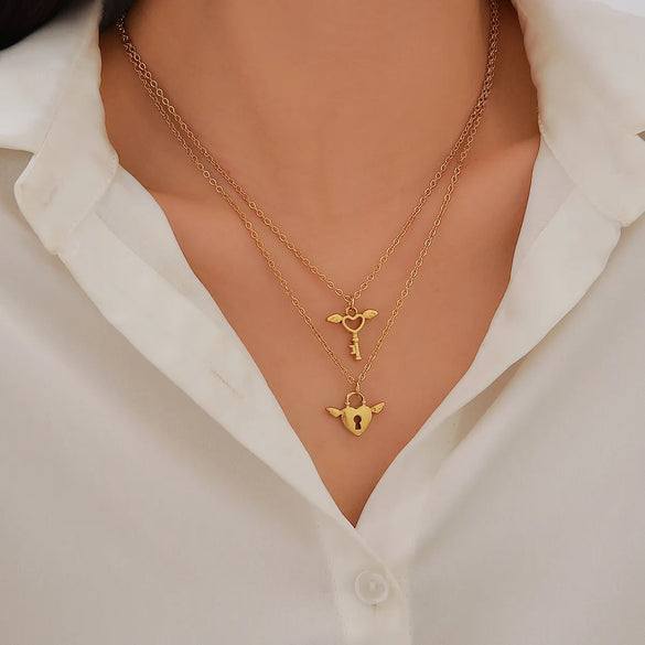 Wholesale Jewelry Casual Vintage Style Artistic Wings Key Lock 304 Stainless Steel 18K Gold Plated Hollow Out Double Layer Necklaces