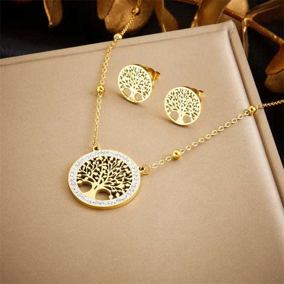 Wholesale Jewelry Casual Vintage Style Life Tree 304 Stainless Steel Rhinestones 18K Gold Plated Hollow Out Inlay Jewelry Set