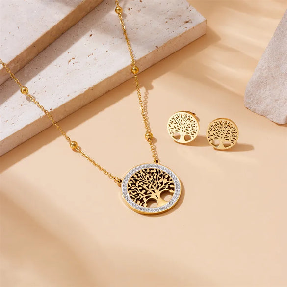 Wholesale Jewelry Casual Vintage Style Life Tree 304 Stainless Steel Rhinestones 18K Gold Plated Hollow Out Inlay Jewelry Set