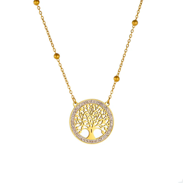 Wholesale Jewelry Casual Vintage Style Life Tree 304 Stainless Steel Rhinestones 18K Gold Plated Hollow Out Inlay Jewelry Set