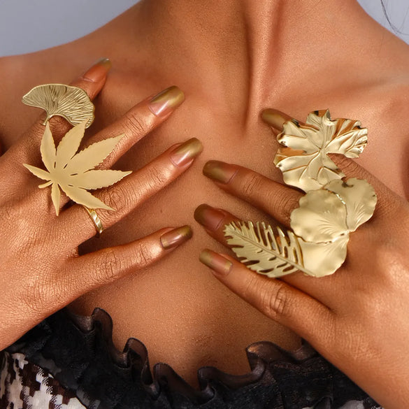 Wholesale Jewelry Casual Vintage Style Tropical Leaves 304 Stainless Steel 14K Gold Plated Plating Hollow Out Open Rings