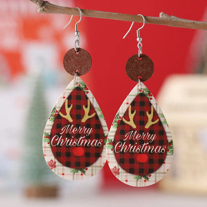 Wholesale Jewelry Christmas Santa Claus Letter Snowman Pu Leather Printing Drop Earrings