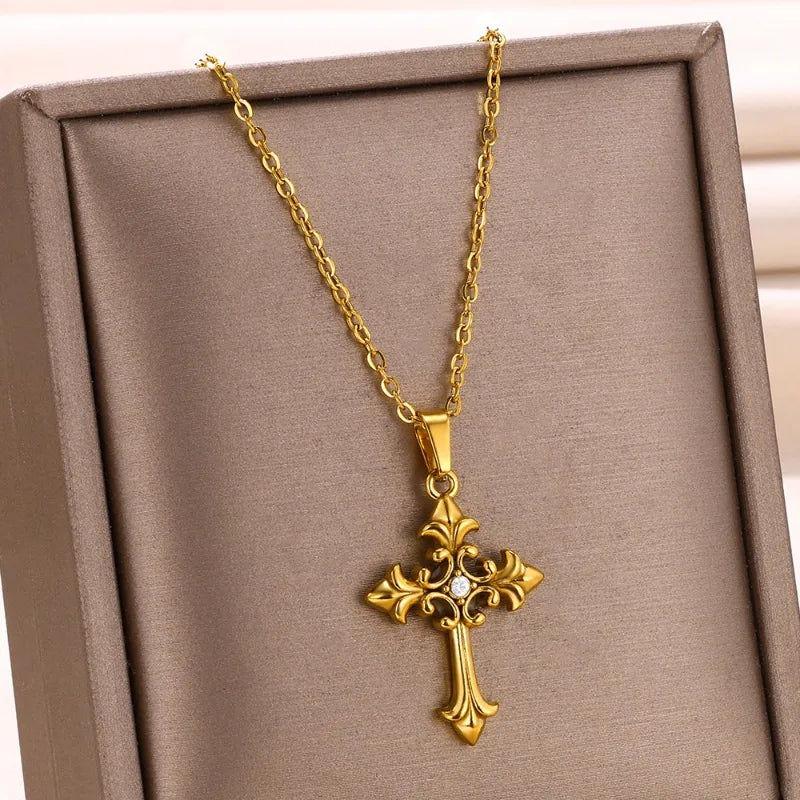 Wholesale Jewelry Classical Hip-Hop Cool Style Cross 304 Stainless Steel Zircon Inlay Pendant Necklace