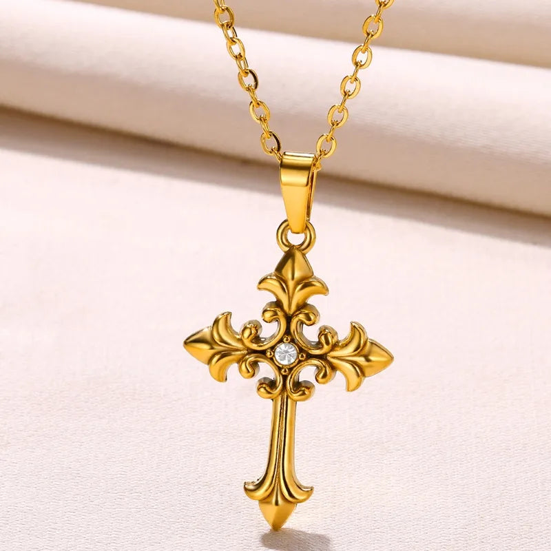 Wholesale Jewelry Classical Hip-Hop Cool Style Cross 304 Stainless Steel Zircon Inlay Pendant Necklace