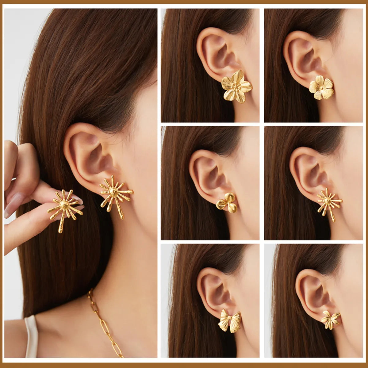 Wholesale Jewelry Classical Retro Flower Bow Knot 304 Stainless Steel 18K Gold Plated Plating Jewelry Set