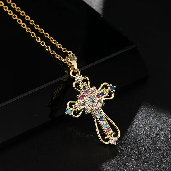 Wholesale Jewelry Colorful Zircon Hollow Cross Copper Ochain Pendant Necklace For Women