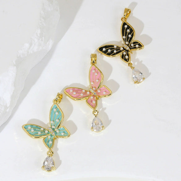 Wholesale Jewelry Copper Butterfly Pendant Necklace And Earring With Microinlay Cartoon And Animal Style