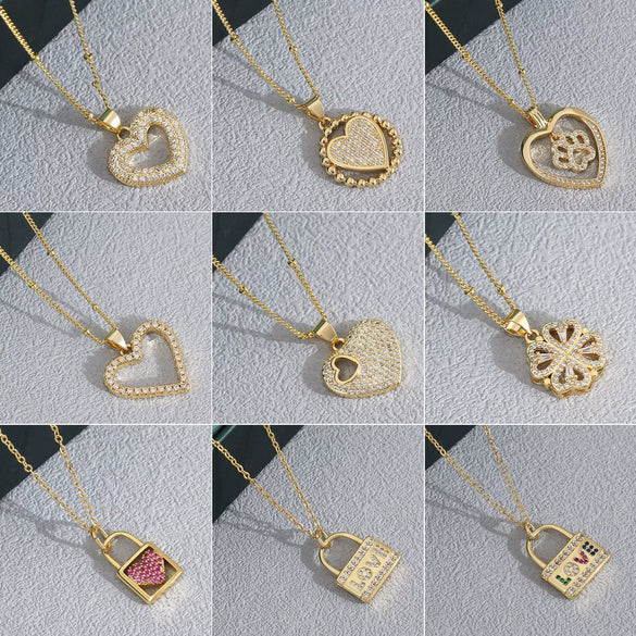 Wholesale Jewelry Copper Electroplated Heartshaped Love Lock Pendant Ochain Necklace For Women