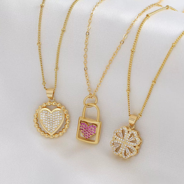 Wholesale Jewelry Copper Electroplated Heartshaped Love Lock Pendant Ochain Necklace For Women