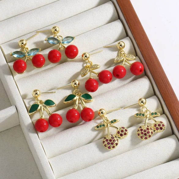 Wholesale Jewelry Copper Fruit Cherry Pendant Earrings For Women Electroplated Inlaid Zircon