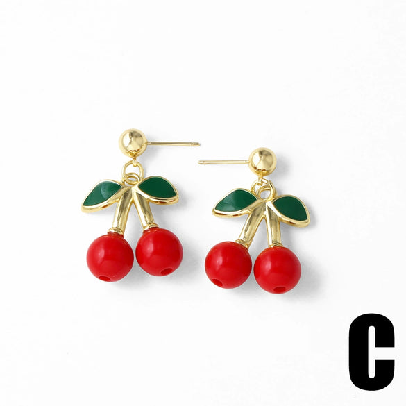 Wholesale Jewelry Copper Fruit Cherry Pendant Earrings For Women Electroplated Inlaid Zircon