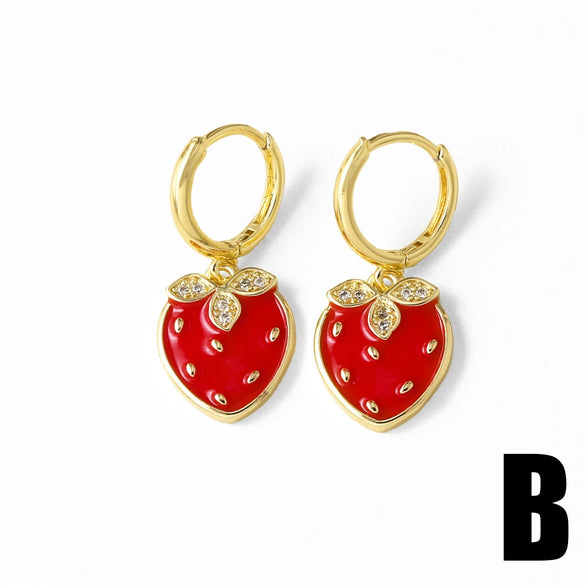 Wholesale Jewelry Copper Fruit Strawberry Cherry Goldplated Electroplated Unisex Earrings
