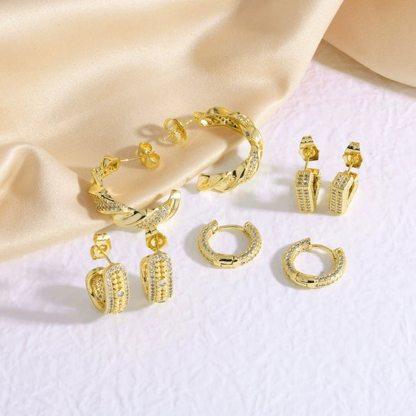 Wholesale Jewelry Copper Geometric Asymmetrical Earrings Electroplated With Real Gold And Full Zircon