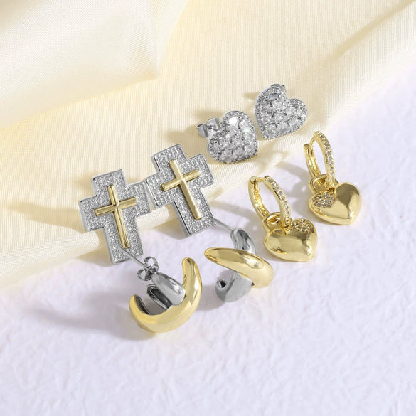Wholesale Jewelry Copper Geometric Cross Heart Pendant Earrings Electroplating Simple Style