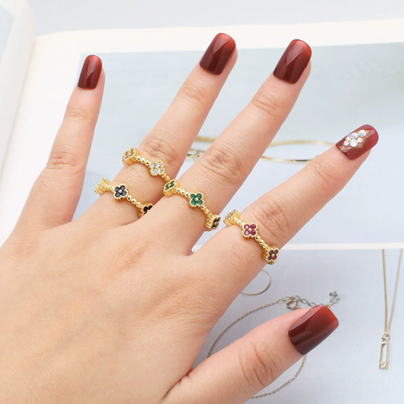 Wholesale Jewelry Copper Geometric Flower Open Ring Electroplated Inlaid Colorful Zircon For Women Minimalist Style
