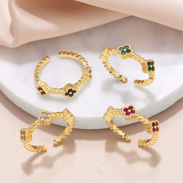 Wholesale Jewelry Copper Geometric Flower Open Ring Electroplated Inlaid Colorful Zircon For Women Minimalist Style