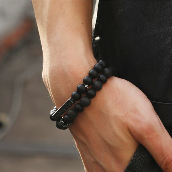 Wholesale Jewelry Copper Geometric Handmade Lava Stone Mixed Crown Elastic Bracelet Suit