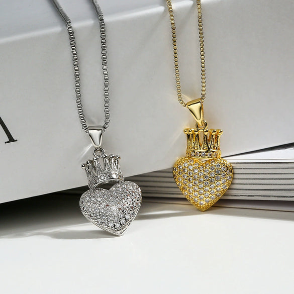 Wholesale Jewelry Copper Geometric Heart Crown Pendant Necklace Gold Electroplated For Women
