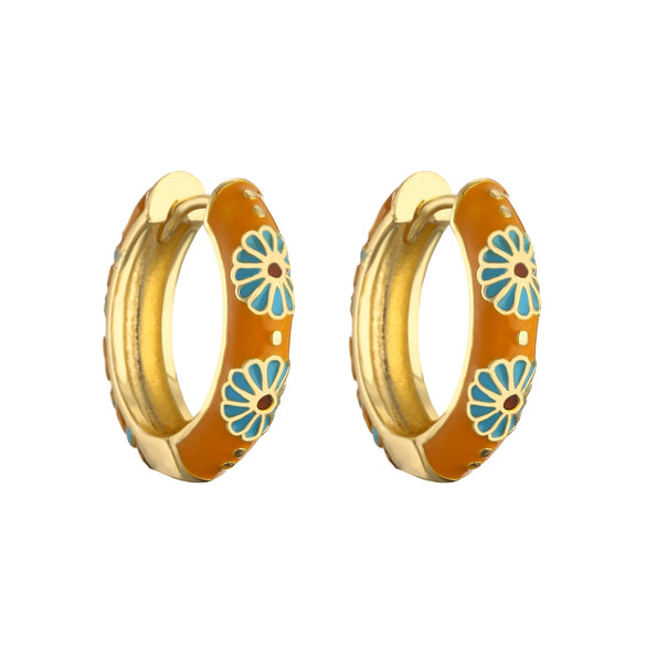 Wholesale Jewelry Copper Gold Plated Dripping Oil Daisy Pattern C Shaped Earrings For Women