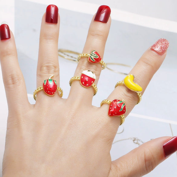 Wholesale Jewelry Copper Gold Plated Fruit Strawberry Banana Ring