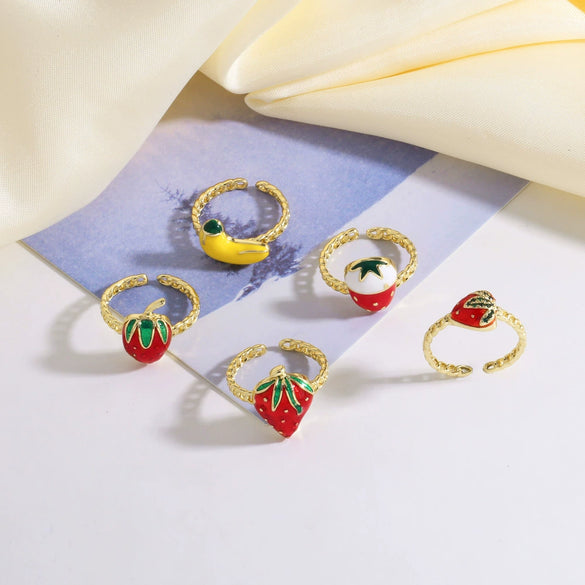 Wholesale Jewelry Copper Gold Plated Fruit Strawberry Banana Ring