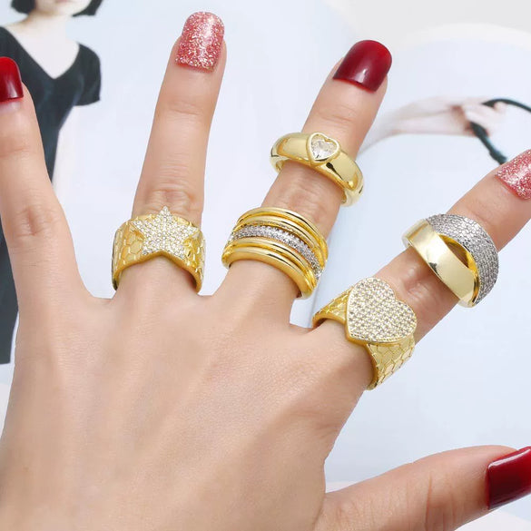Wholesale Jewelry Copper Gold Plated Love Heart Fivepointed Star Open Ring With Bow Tie Minimalist Style