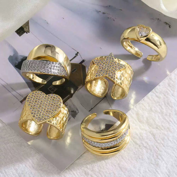 Wholesale Jewelry Copper Gold Plated Love Heart Fivepointed Star Open Ring With Bow Tie Minimalist Style