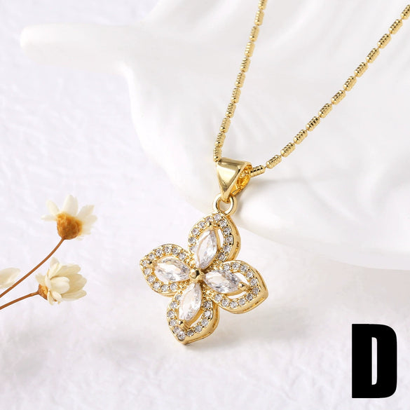 Wholesale Jewelry Copper Goldplated Geometric Fourleaf Clover Snowflake Pendant Necklace With Bamboo Chain