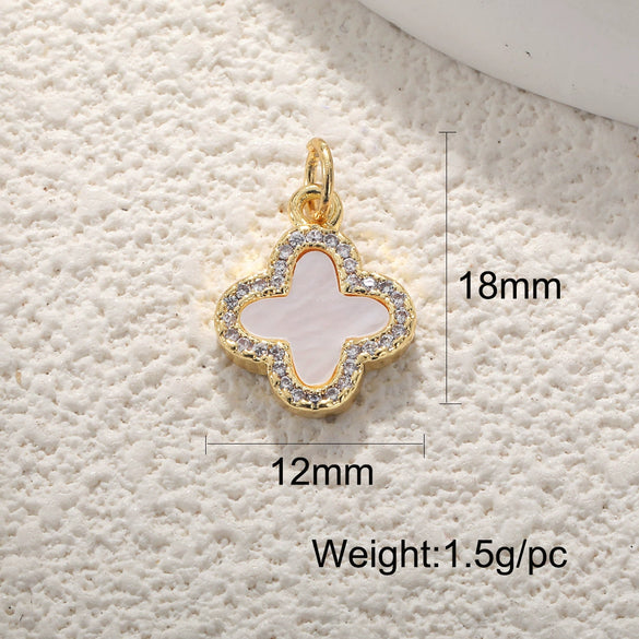 Wholesale Jewelry Copper Goldplated Sweet Style Flower Fourleaf Clover Pendant With Zircon Inlaid And Colorpreserving Abalone Shell Diy Jewelry Accessories Double Hole