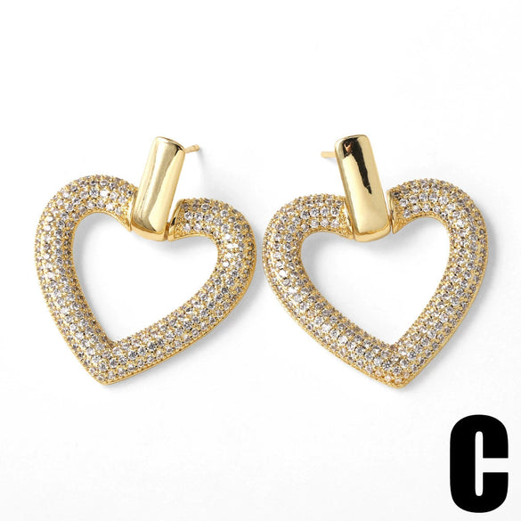 Wholesale Jewelry Copper Heart Shape Full Zircon Real Gold Plated Earrings