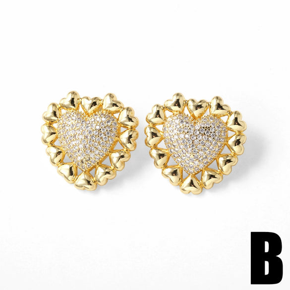 Wholesale Jewelry Copper Heart Shape Full Zircon Real Gold Plated Earrings