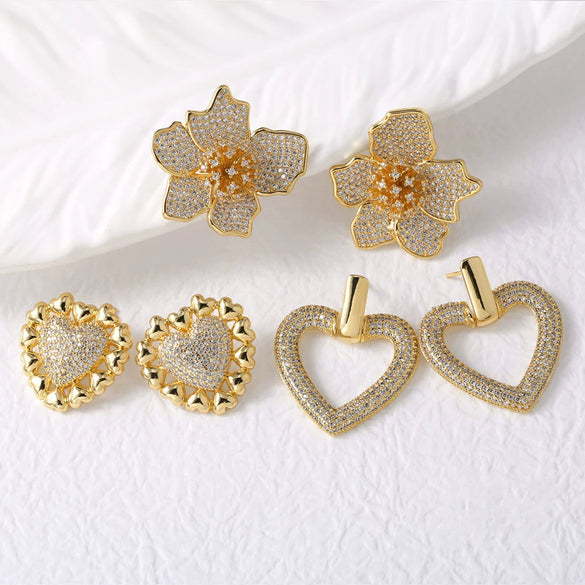 Wholesale Jewelry Copper Heart Shape Full Zircon Real Gold Plated Earrings