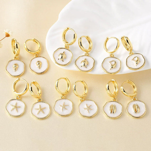 Wholesale Jewelry Copper Inlaid Shell Geometric Pendant Earrings With Electroplating For Women