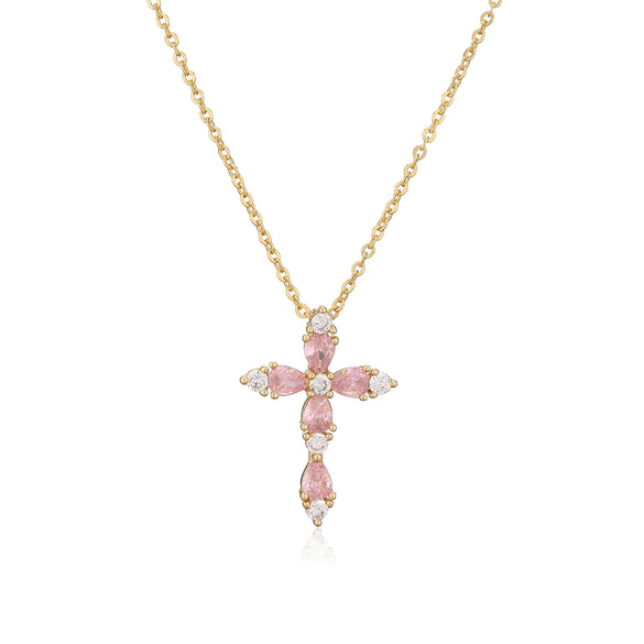 Wholesale Jewelry Copper Inlaid Water Drop Colored Diamond Cross Pendant Necklace Geometric Style For Women