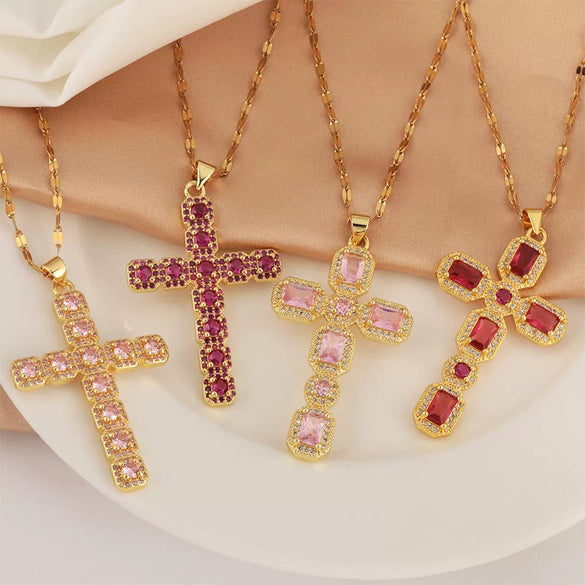 Wholesale Jewelry Copper Inlaid Zircon Cross Pendant Necklace Fashion Geometric Style Handmade
