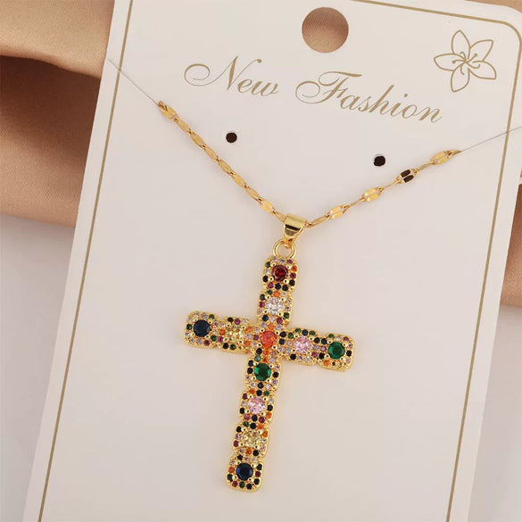 Wholesale Jewelry Copper Inlaid Zircon Cross Pendant Necklace Fashion Geometric Style Handmade