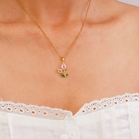 Wholesale Jewelry Copper Inlaid Zircon Electroplated Real Gold Flower Pendant Titanium Steel Chain Women's Necklace