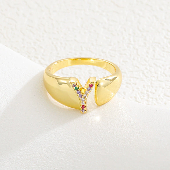 Wholesale Jewelry Copper Inlaid Zircon Fashion Open Ring With Letter Pattern