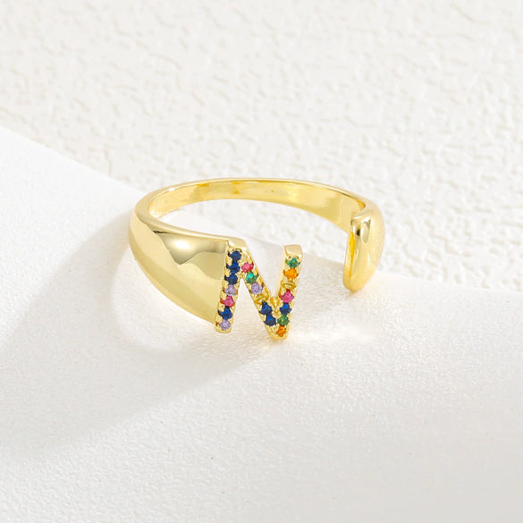 Wholesale Jewelry Copper Inlaid Zircon Fashion Open Ring With Letter Pattern