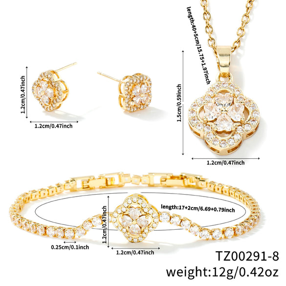 Wholesale Jewelry Copper Inlaid Zircon Fourleaf Clover Plants Flowers Style Electroplating Women's Jewelry Set