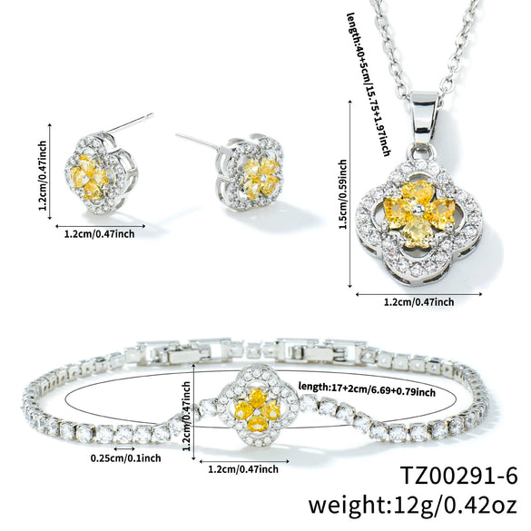 Wholesale Jewelry Copper Inlaid Zircon Fourleaf Clover Plants Flowers Style Electroplating Women's Jewelry Set