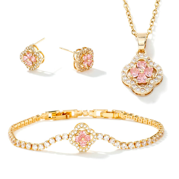 Wholesale Jewelry Copper Inlaid Zircon Fourleaf Clover Plants Flowers Style Electroplating Women's Jewelry Set