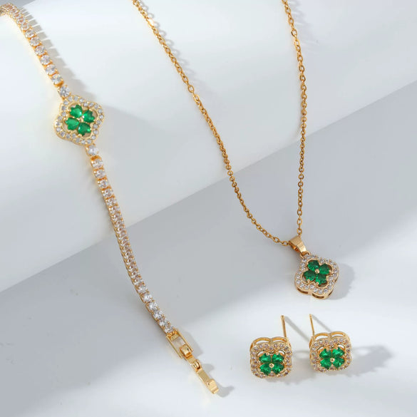 Wholesale Jewelry Copper Inlaid Zircon Fourleaf Clover Plants Flowers Style Electroplating Women's Jewelry Set