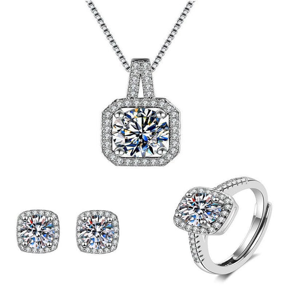 Wholesale Jewelry Copper Inlaid Zircon Geometric Quadrilateral Women's Threepiece Set With Box Chain