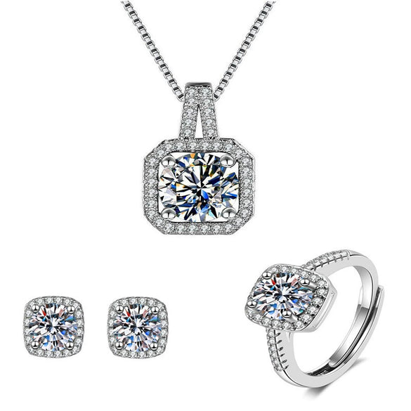 Wholesale Jewelry Copper Inlaid Zircon Geometric Quadrilateral Women's Threepiece Set With Box Chain