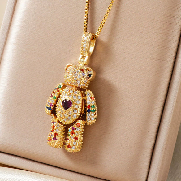 Wholesale Jewelry Copper Inlaid Zircon Heart Bear Pendant Electroplated Necklace With Animal Pattern