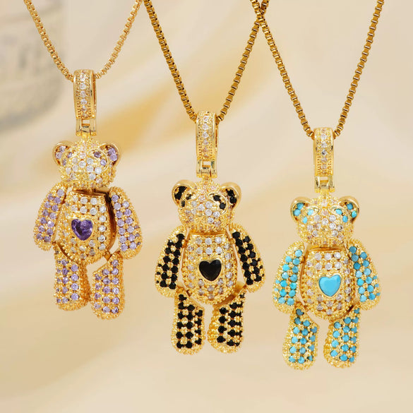 Wholesale Jewelry Copper Inlaid Zircon Heart Bear Pendant Electroplated Necklace With Animal Pattern