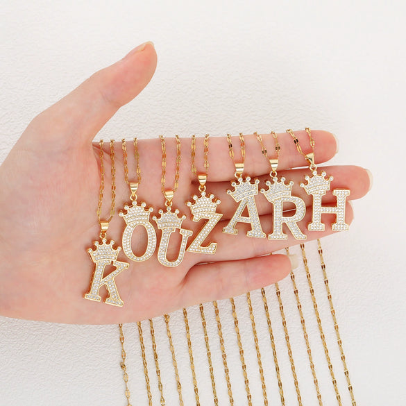 Wholesale Jewelry Copper Inlaid Zircon Letter Crown Hiphop Necklace